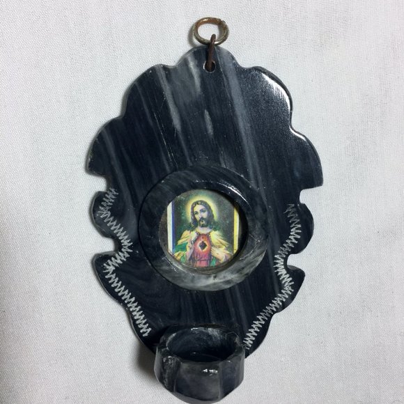 VTG 80s Black Onyx CANDLE HOLDER with RELIGIOUS Catholic Jesus Image - Picture 2 of 5